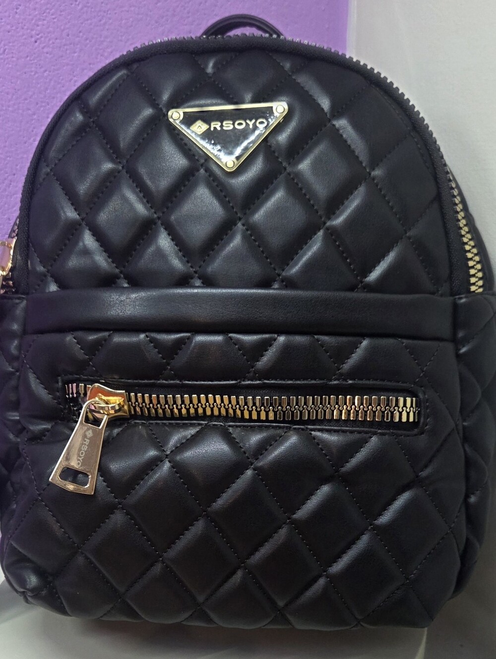 RSOYO Black Quilted Mini Backpack – Gold Hardware & Logo Straps – NWT